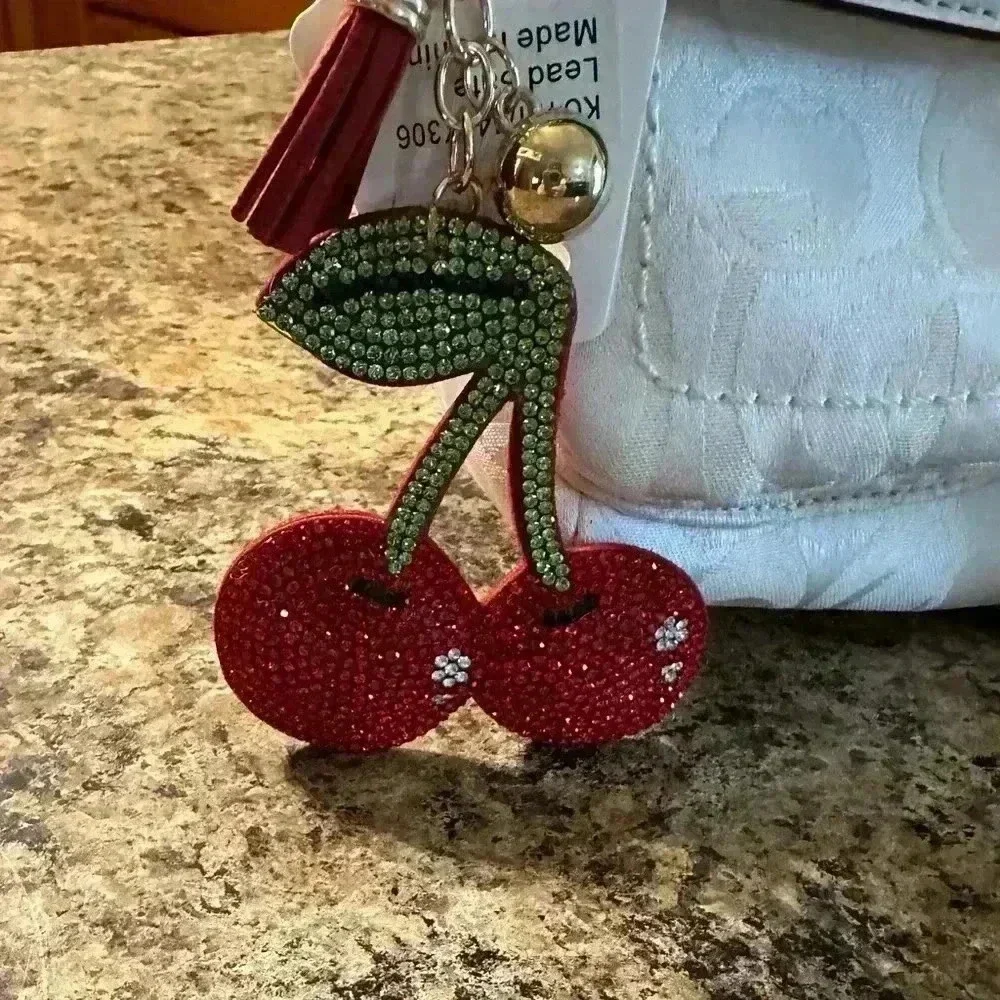 NWT Red Cherry Bag Charm or Keychain Ring Stainless Steel Flat Gem Cherries…